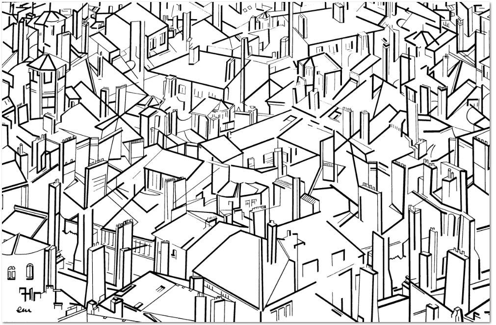 ABSTRACT CITY // Size: 70 x 100 cm // Technique: Calligraphy Pencil on white cardboard // Serie: angles, lines & forms // Edition: unique artwork // Sold - by a private owner (Berlin)