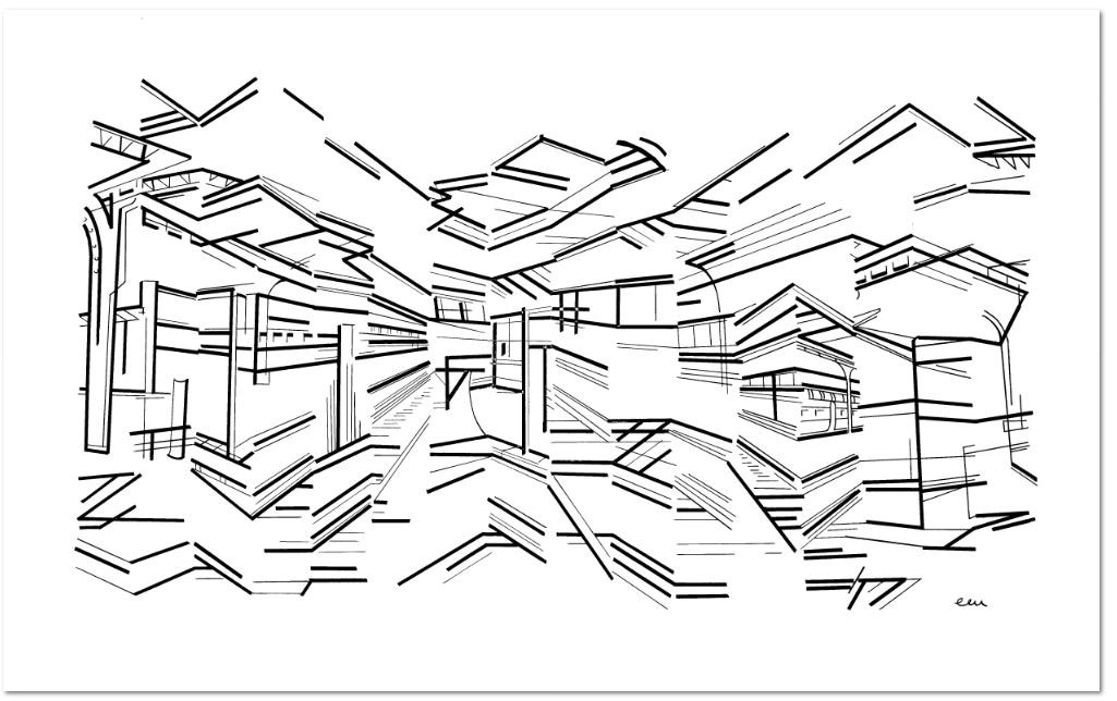 TRAINSTATION / AU DEPART D’UNE GARE Size: 70 x 100 cm Technique: Calligraphy Pencil on white cardboard Serie: angles, lines & forms Edition: unique artworkner collection (Berlin)