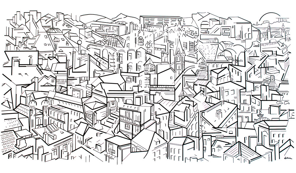 ABSTRACT CITY 2 // Size: 70 x 120 cm // Technique: Calligraphy Pencil on white cardboard // Serie: angles, lines & forms // Edition: unique artwork // Order for private collection (Canada)